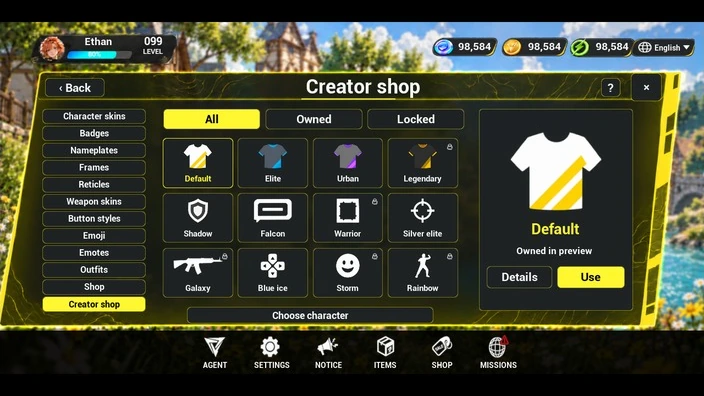 Creator shop and item selection